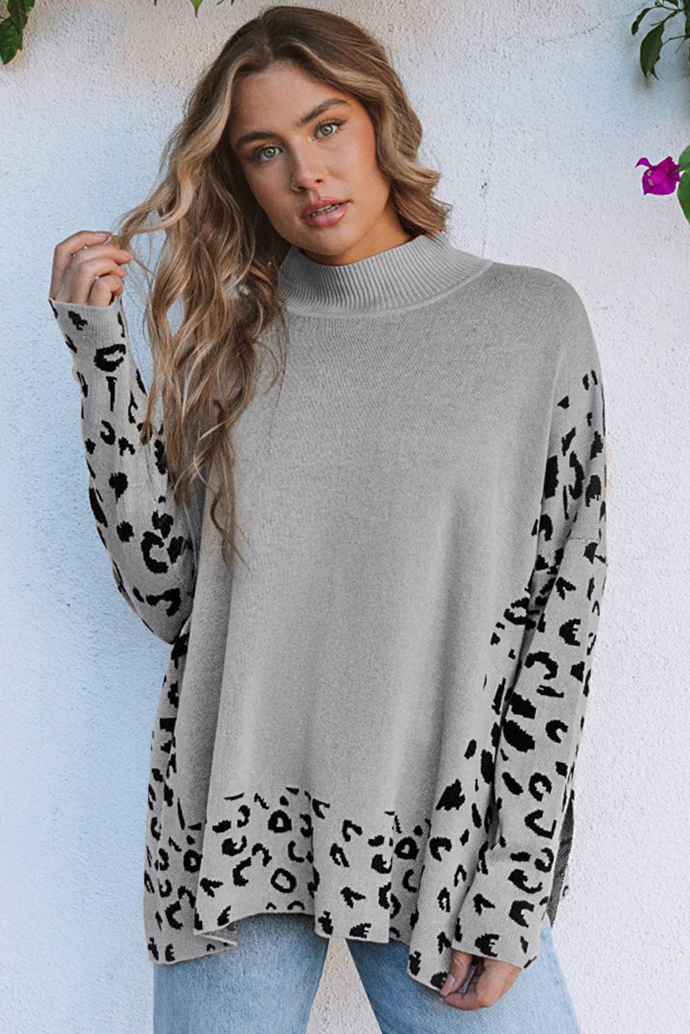 Suhkasana - Wholesale Knit Sweater - Women's - Khaki Leopard High Neck Side Slit Oversized Sweater5