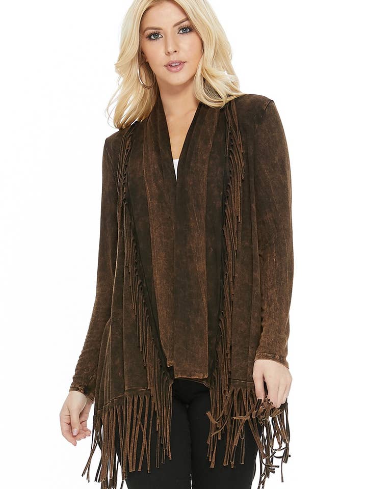 Cardigan aberto de manga comprida com franja de lavagem mineral por atacado de T-Party