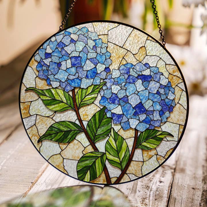 Blue Hydrangea Stained Glass Suncatcher, Window Decor for wholesale by TMLECOM LTD