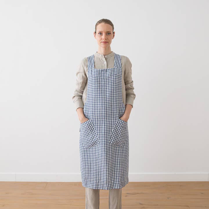 Linen Back Cross Apron Indigo Gingham and other Purchase Wholesale cross back apron. Free Returns & Net 60 Terms on Faire trending on Faire.