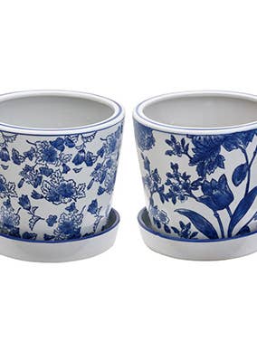 Blue and White Floral Planters, 2 Assorted Item # 12609 for wholesale by Napco