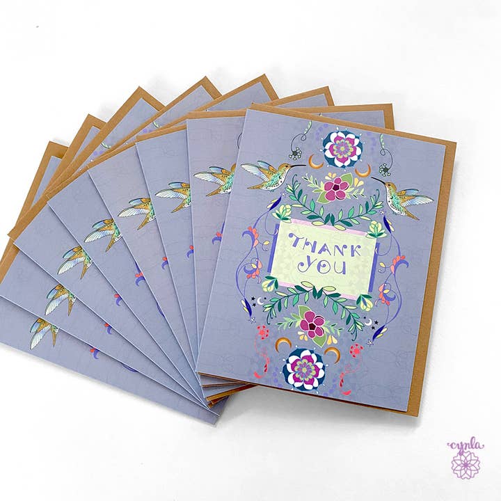 Packung mit 8 Dankeskarten mit Kolibri, unbedruckt, Blumenmotiv für den Großhandel von Cynla