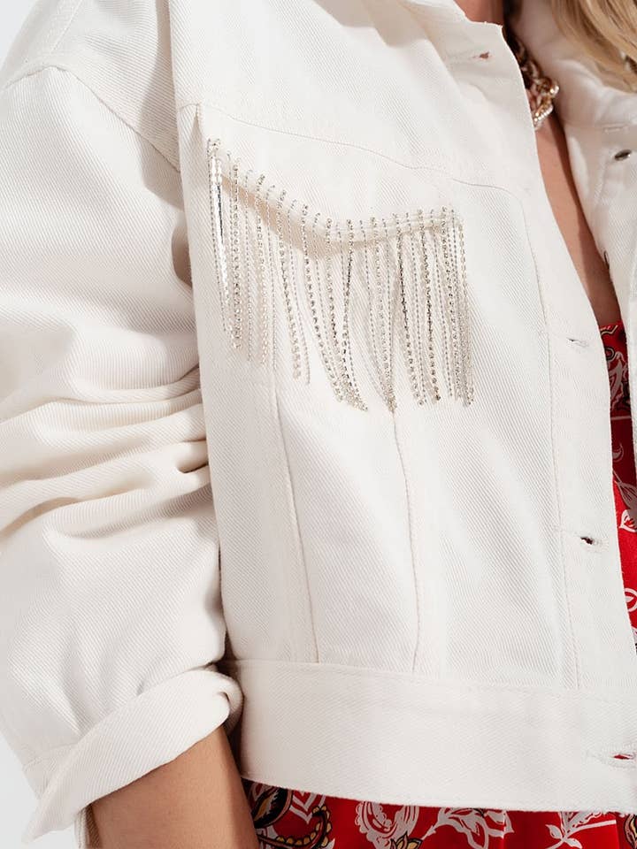 Denim jacket with diamante fringing in white for wholesale on Faire1