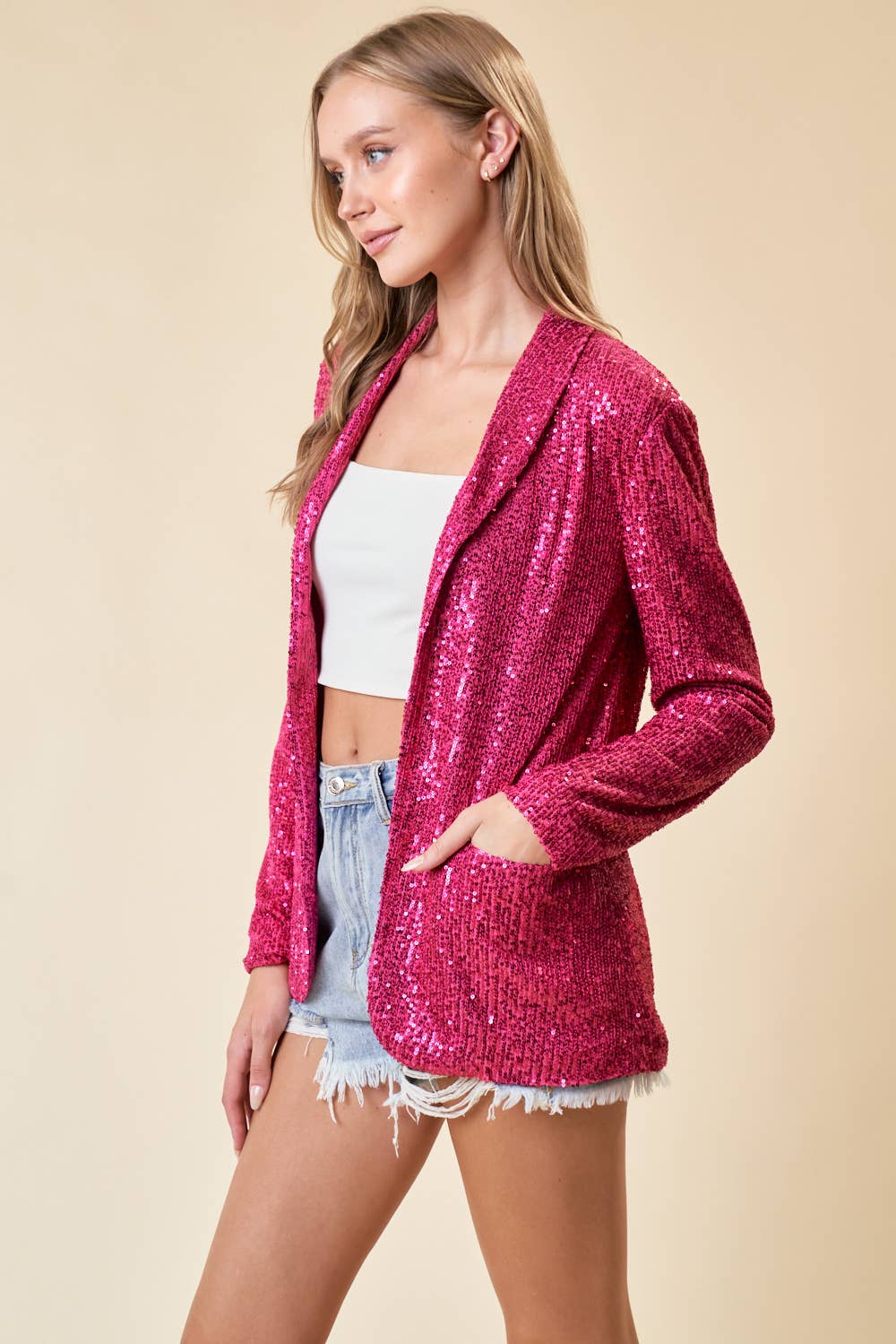 FUCHSIA OPEN FRONT SEQUIN BLAZER W/ FRONT POCKET - 10518J for wholesale on Faire2