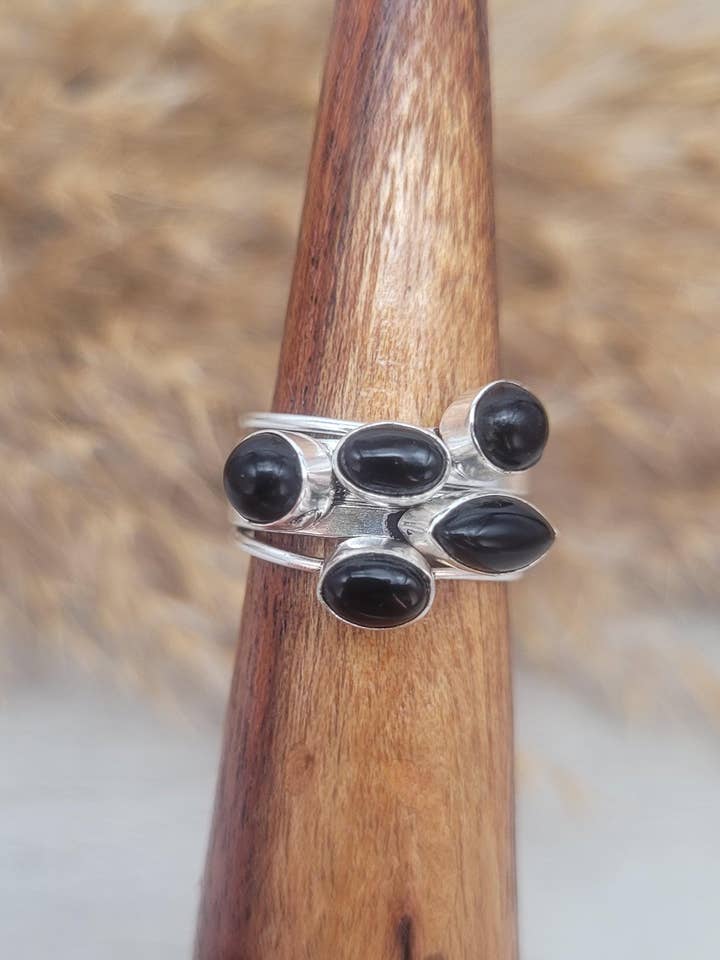 Silver Black Tourmaline Stackable Boho Rings for wholesale by Laboheme