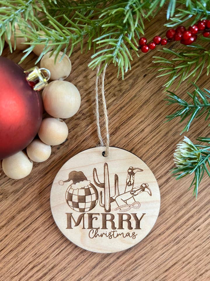 Western Cowboy Boot Merry Christmas y'all Ornament for wholesale by Rustic Raleigh