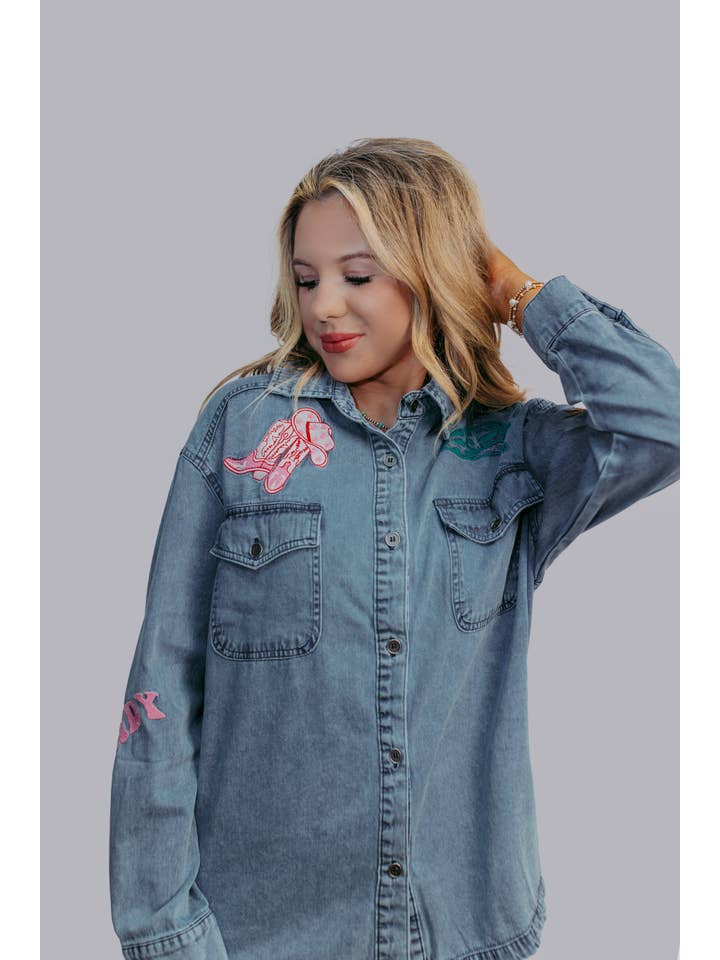 Denim MK522 Giddy Up Broderi Denimskjorta för wholesale på Faire