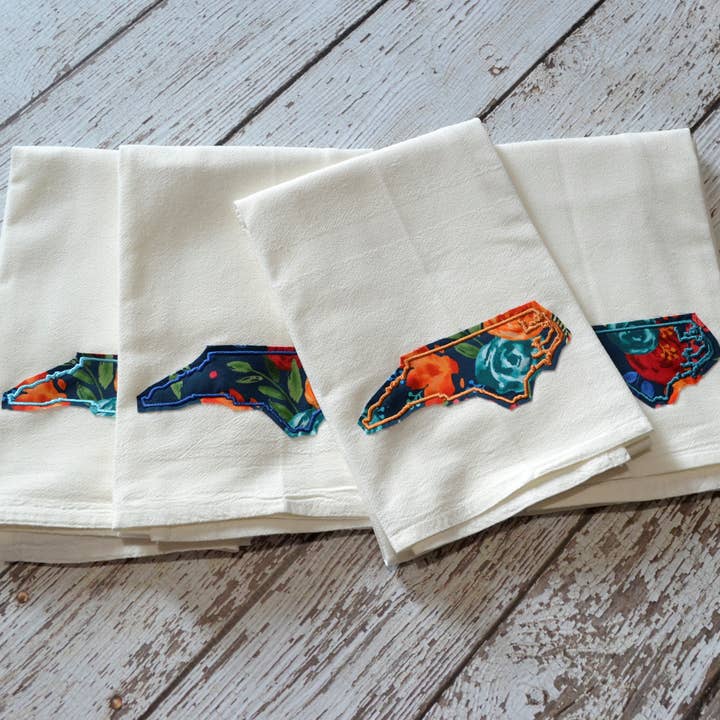Blue & Orange Floral State Tea Towel- Embroidered Raggy edge for wholesale by SewMuchMoreStore