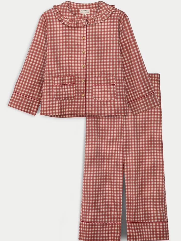 Damepyjamasæt med flæser | Gingham | Ingefær for engroshandel hos YONDER.