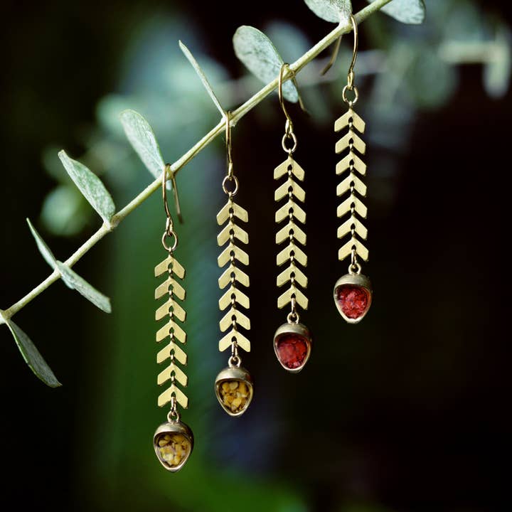 The Acorn Earrings with Chevron Chain and Crushed Gems for wholesale by Cameoko
