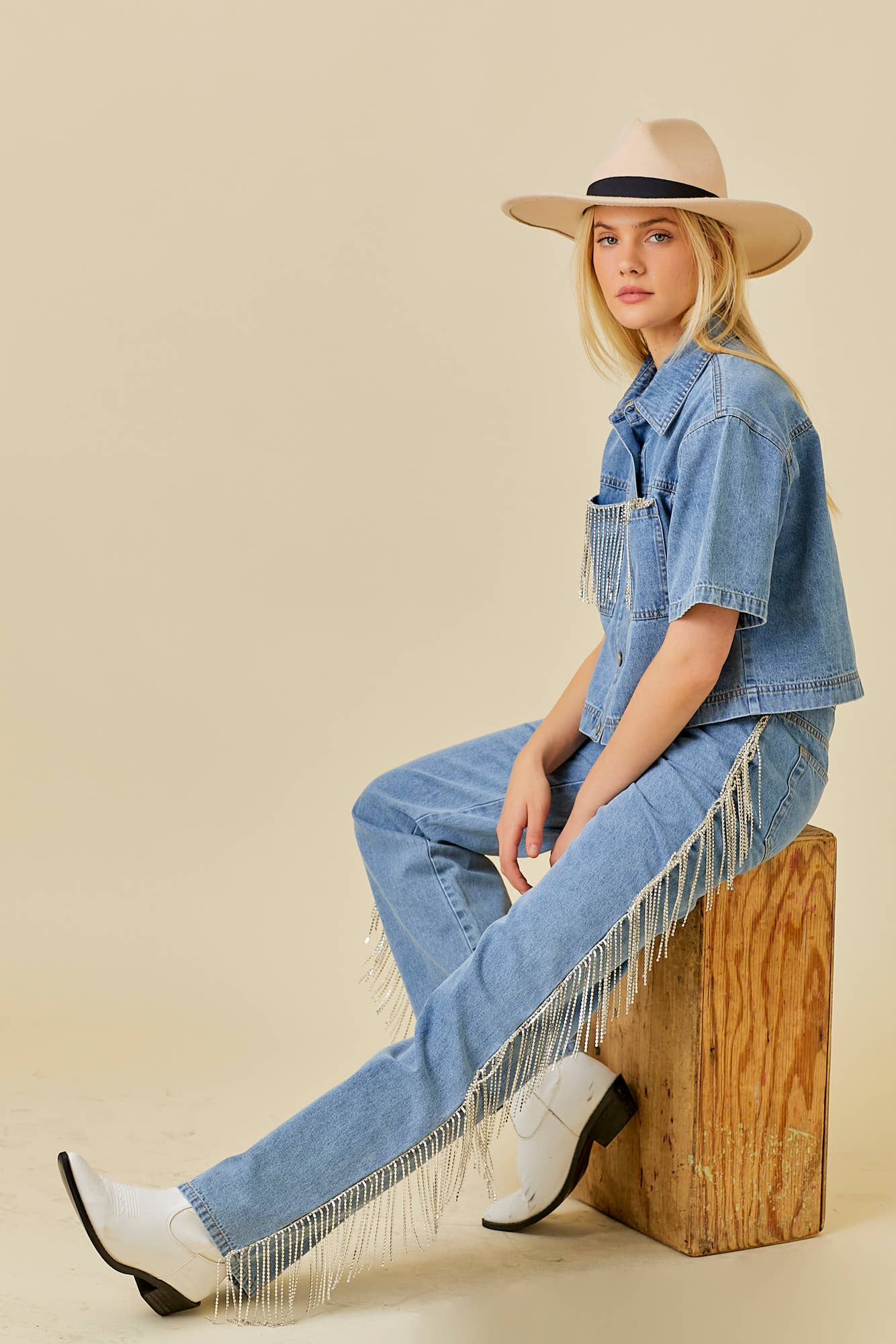 Side And Back Rhinestone Fringe Trim Denim Pants for wholesale on Faire13