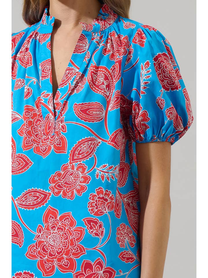 BLUE RED MULTI Ripon Floral Close to You Split Neck Top for wholesale on Faire