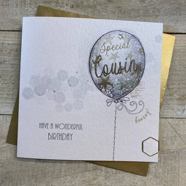 Tarjeta de cumpleaños Cousin Silver Balloon (D138) para venta al por mayor de White Cotton Cards