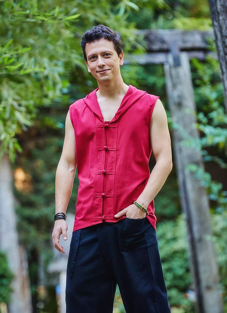 BohoClandestino - Wholesale Button Down Shirt - Men's - Maroon Sleeveless Knot Button Men's Shirt0