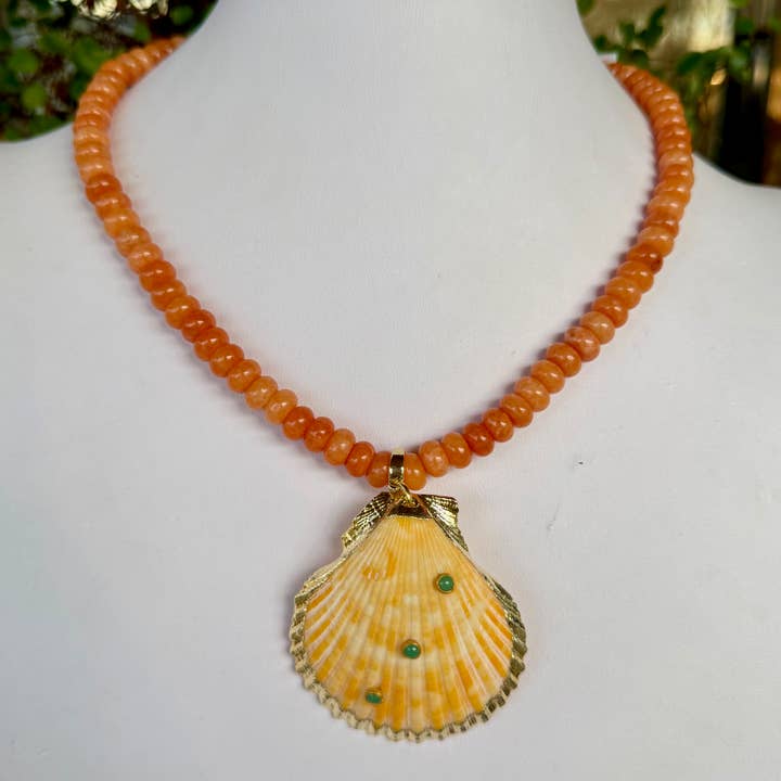 Orange Beaded + Yellow Seashell Pendant for wholesale by Allie Beads