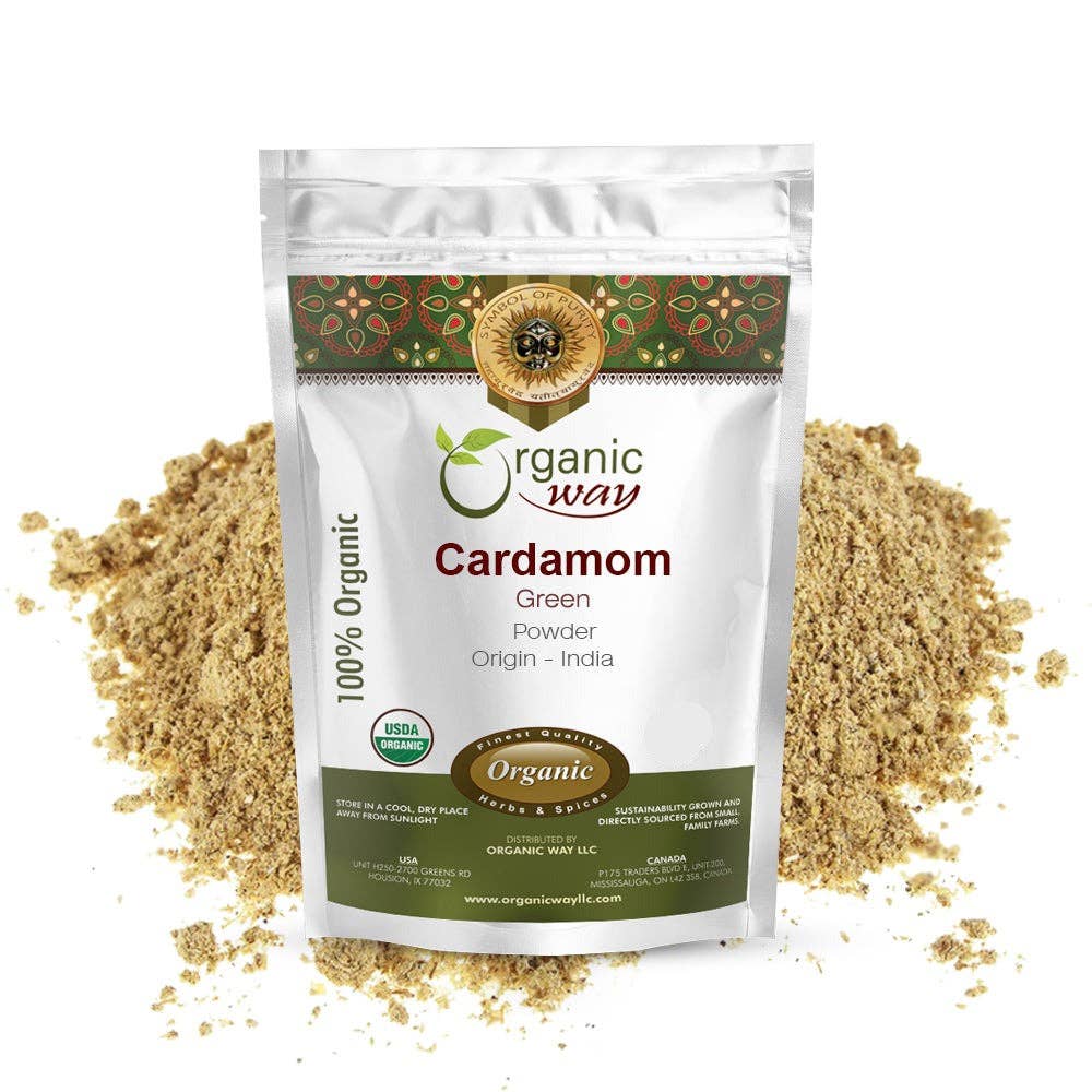 Organic Way LLC - Wholesale Herbs - Green Cardamom / Elaichi Powder (Elettaria cardamomum) - Kosher & USDA Certified | Non-GMO & Gluten Free | Resealable Bag | Adds Flavour & Aroma | 100% Raw from India