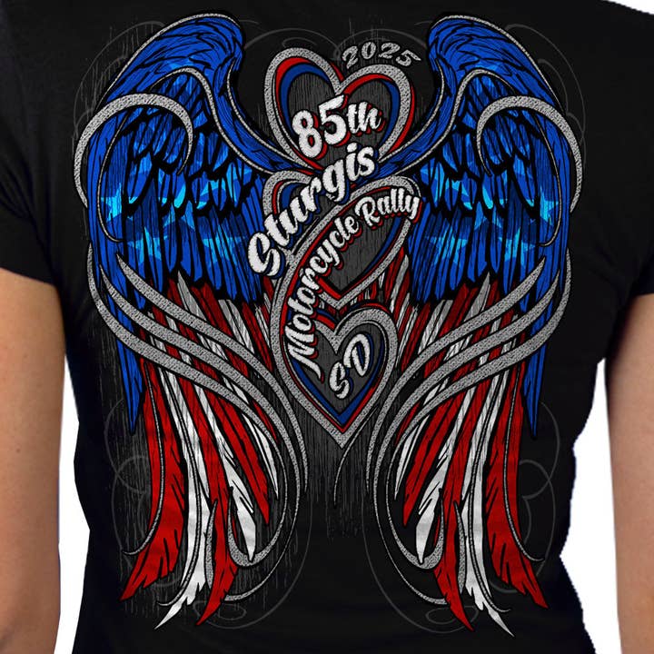 ZWART 2025 Sturgis Motorfietsrally Vlag Hart Engel Zwart Dames T-shirt voor groothandel op Faire3