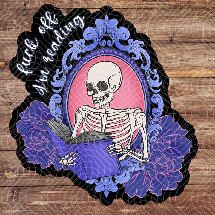 3" Fuck Off I'm Reading Snarky Skeleton Book Vinyl Sticker for wholesale by The Geek Boutique