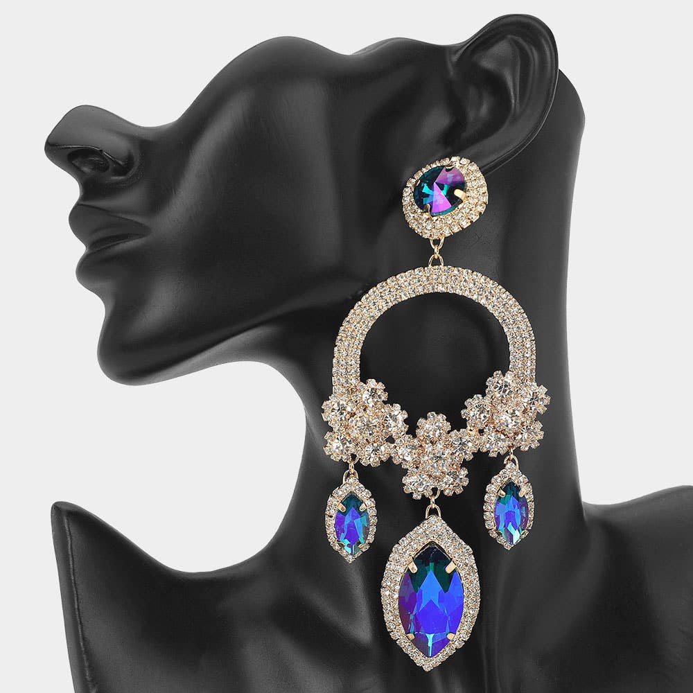 Sensibling Corp. – wholesale Dangle earrings – Oversized Rhinestone Paved Triple Flower Marquise Glass Stone Cluster Link Drop Chandelier Evening Earrings9