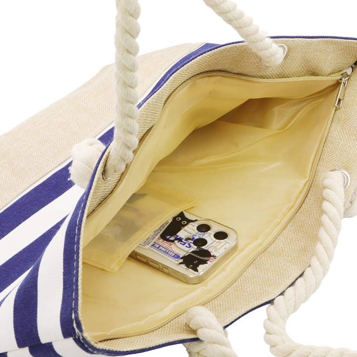 WHITE NAVY BLUE Nautical Harbor Stripe Rope Handle Tote Bag for wholesale on Faire6