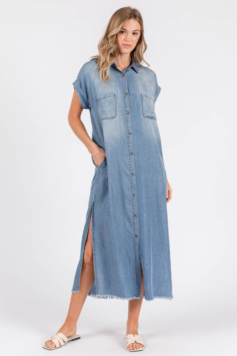 ZiA Apparel - Wholesale Jurk - Dames - Maxi spijkerjurk met korte mouwen en overhemdstijl21