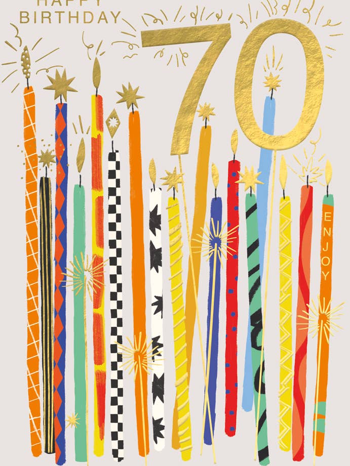 Happy 70th Birthday Candles for wholesale by Abacus Cards and Clare Maddicott Publications