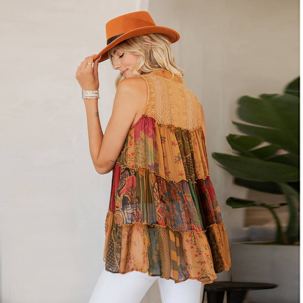 Young Threads - Wholesale Button Down Shirt - Women's - Boho Chic Nomad Patchwork Buttondown Top Sleevel (New Color)13