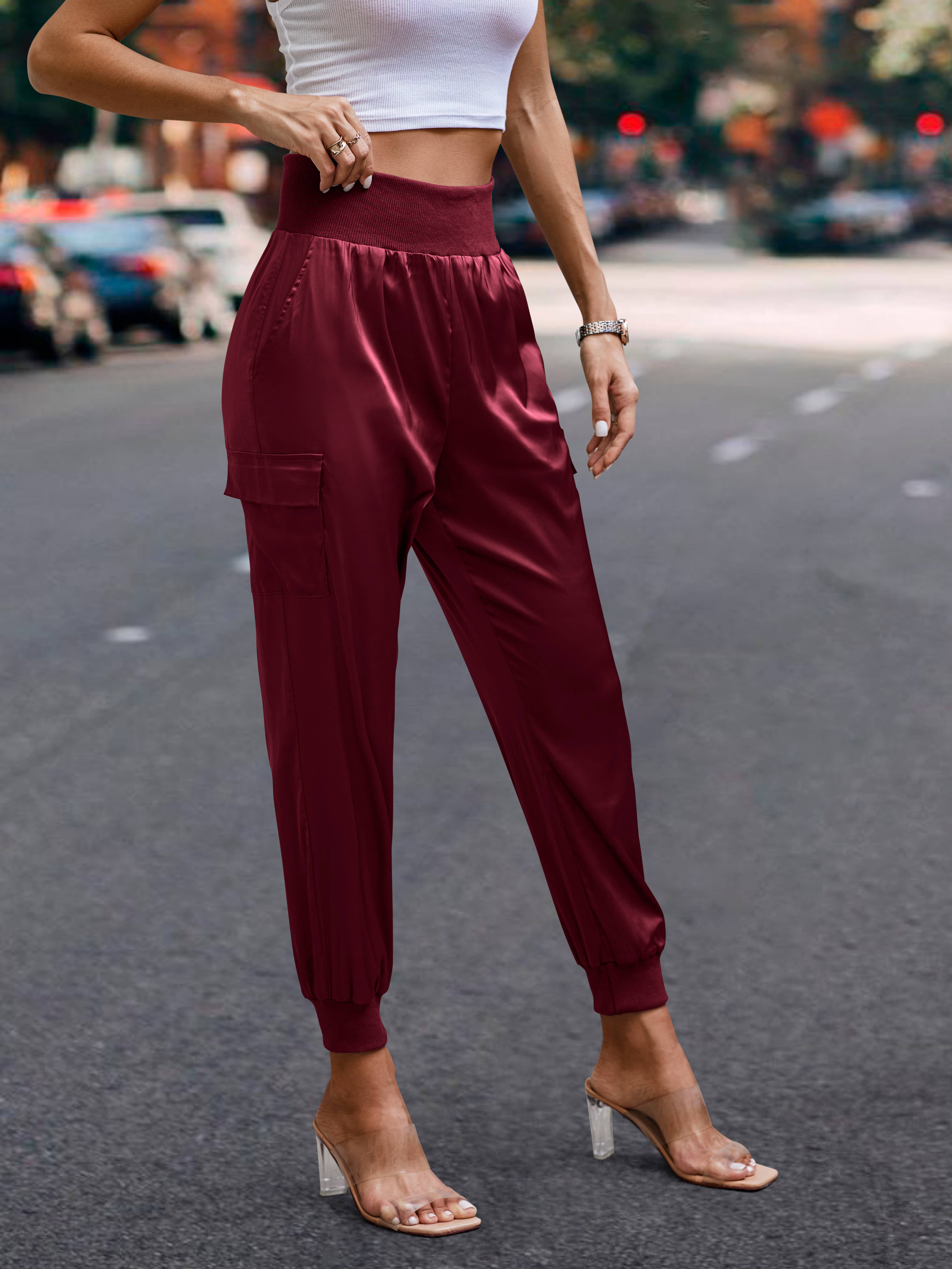 eLook - Wholesale Lounge Sweatpants/Joggers - Women's - SZ1-P0012 Satin Cargo Jogger with Ribbed Waist36