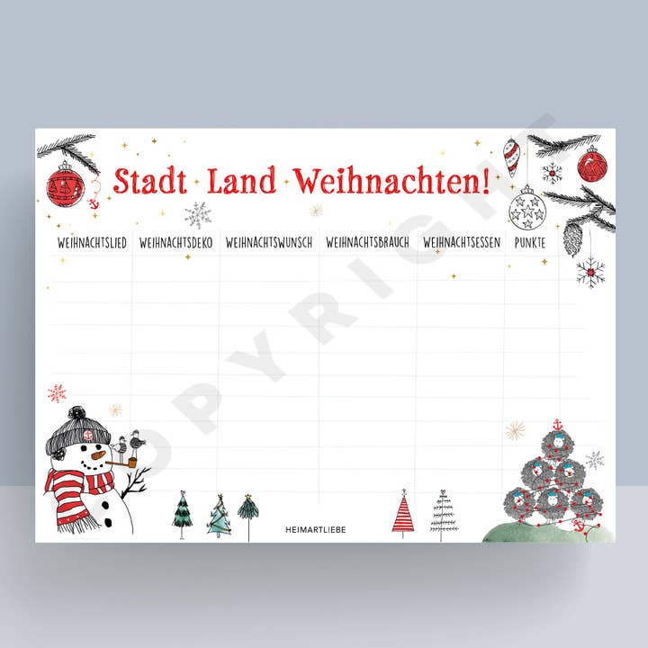 HEIMARTLIEBE® - Wholesale Notepad - PLAYPAD AND WRITING PAD A4 | STADT LAND WEIHNACHTEN