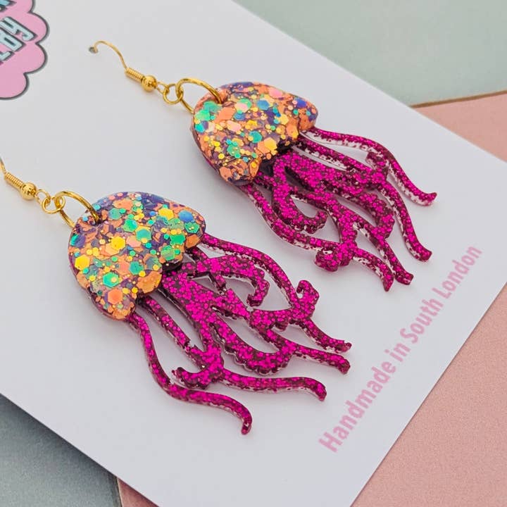 By Heather Filby - Wholesale Dangle Earrings - Orange and Hot Pink Jellyfish Glitter Earrings - Best Seller1