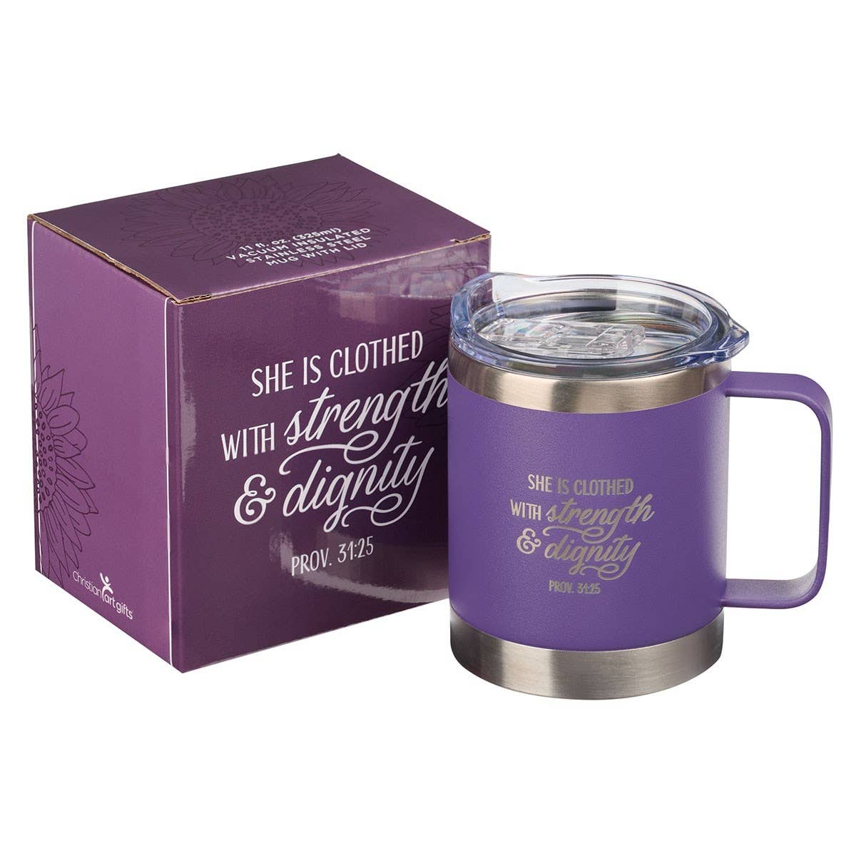 Christian Art Gifts - Vente Gourde/bouteille isotherme - Mug SS Camp violet She is Clothed with Strength Prov. 31:252