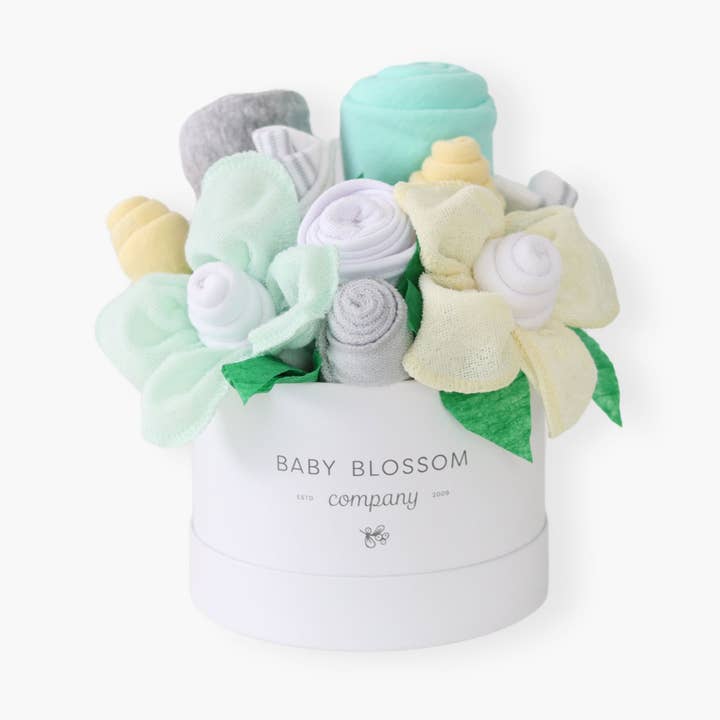 Petite Neutral New Baby Gift Basket Flower Bouquet - Yellow for wholesale by Baby Blossom Company