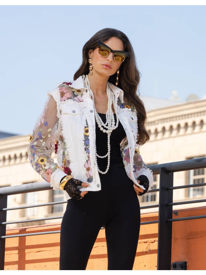 Adore - Wholesale Denim Jacket - Women's - 2406W - White Denim Jacket with Floral Embroidery