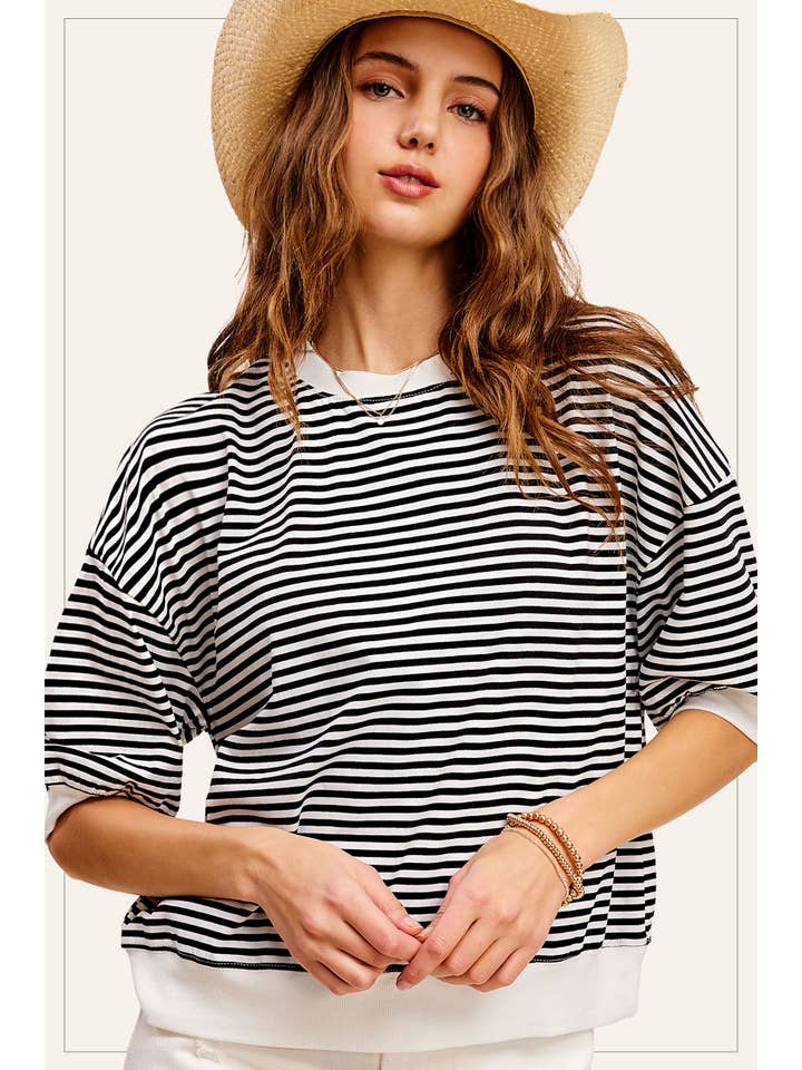 La Miel - Wholesale Knit Top - Women's - MCT7688-Loose Fit Striped Short Sleeve Crew Neckline Top