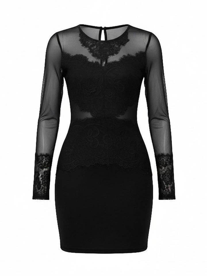 Mini abito aderente in pizzo trasparente nero con dettagli in rete. per la vendita all'ingrosso da parte di AVINCI