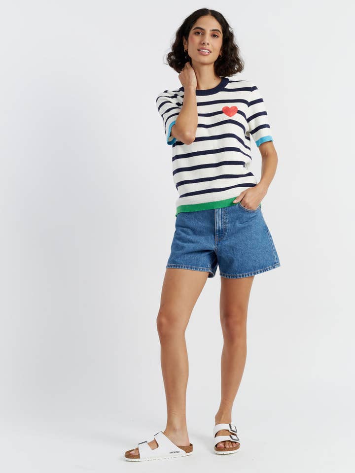 Cream-Navy Cotton Heart Breton Crochet T-Shirt for wholesale by Chinti & Parker