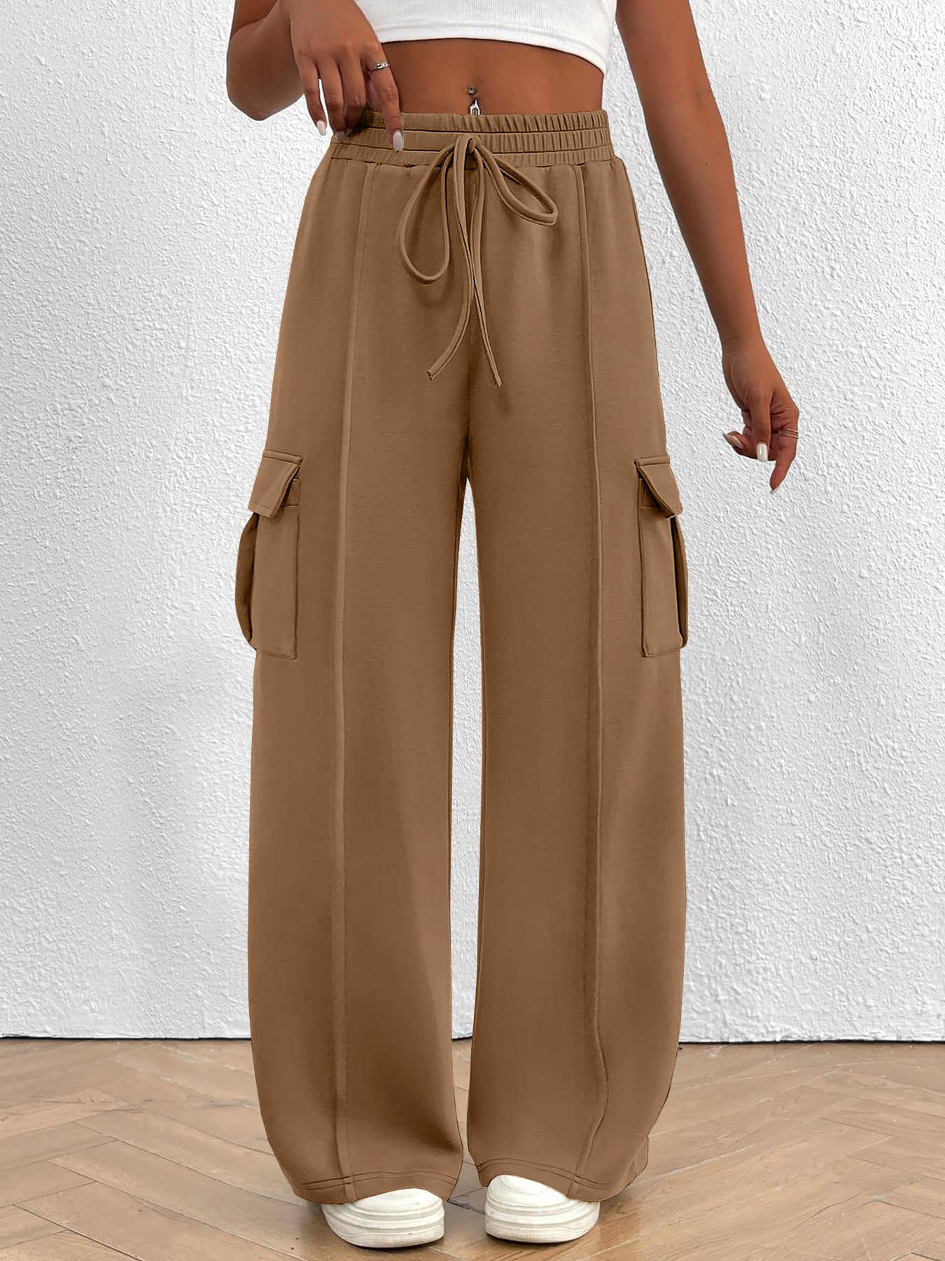 Rosa Clothing - Wholesale Pants - Women's - Casual Loose Fit Cargo Pants Drawstring Waist Wide Leg Pants9