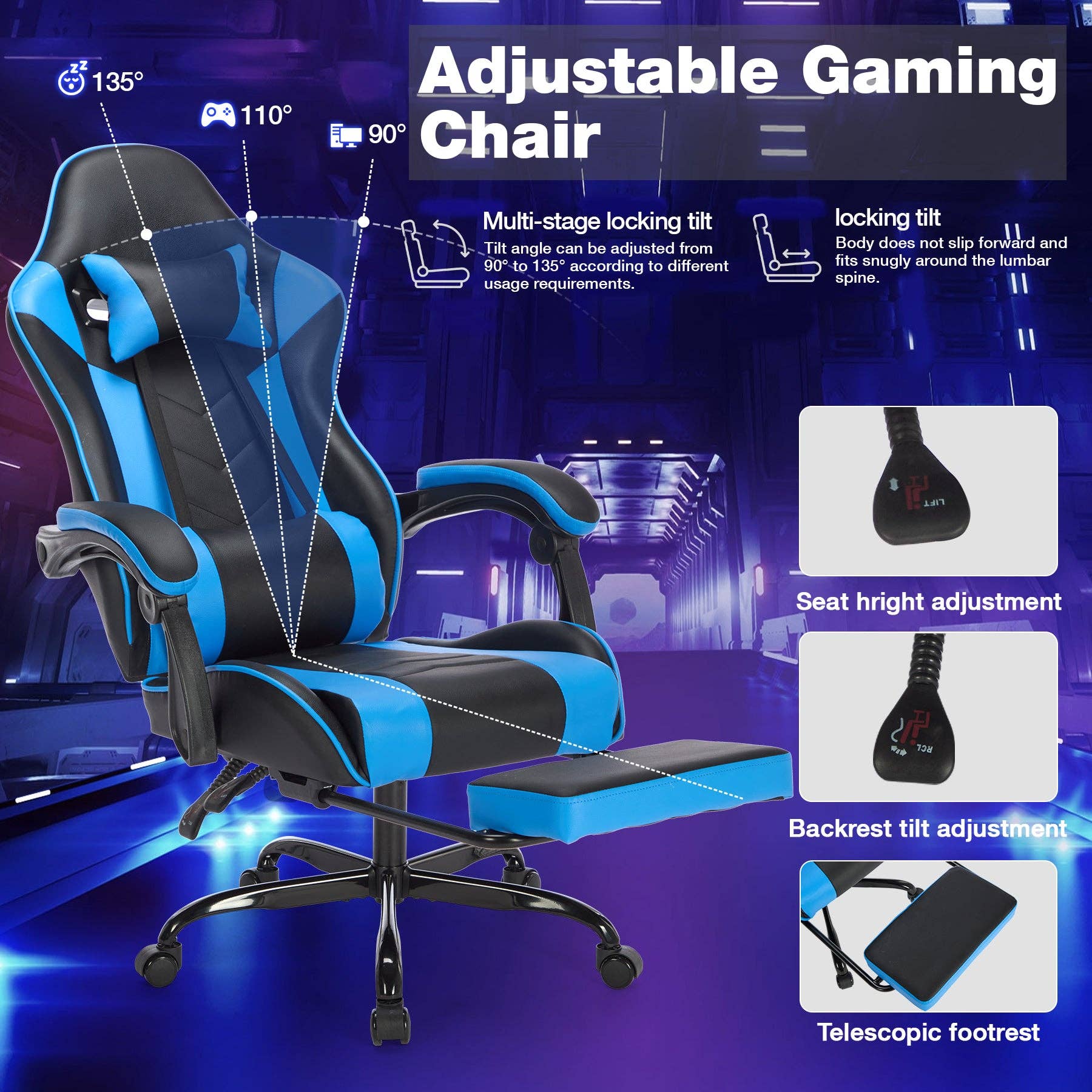 39F Inc. - Wholesale Chair - Blackblue Gaming Chair with Footrest & Ergonomic Support3