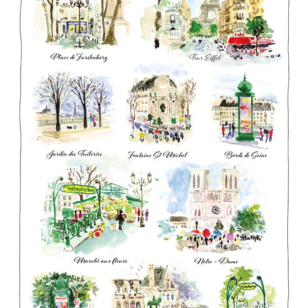 Maison Vivaraise & La Cerise sur le Gâteau - Wholesale Tea Towel - Paris Scenettes White Tea Towel 48 x 72