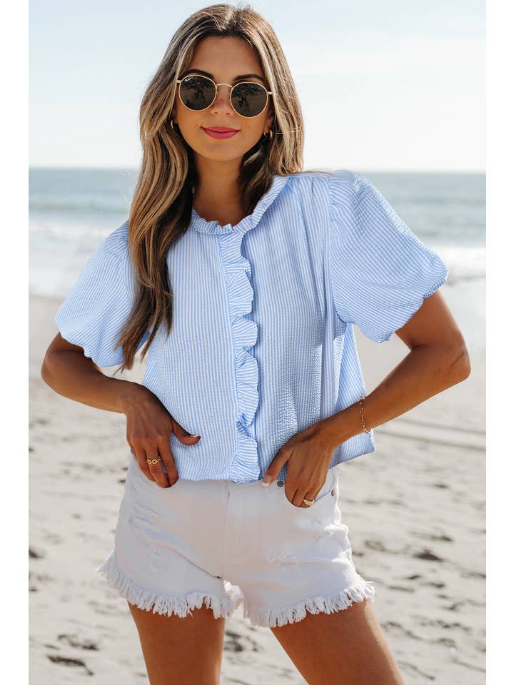 Aapparella - Wholesale Blouse - Women's - Texture Striped Ruffled Detail Shirt | S-XL