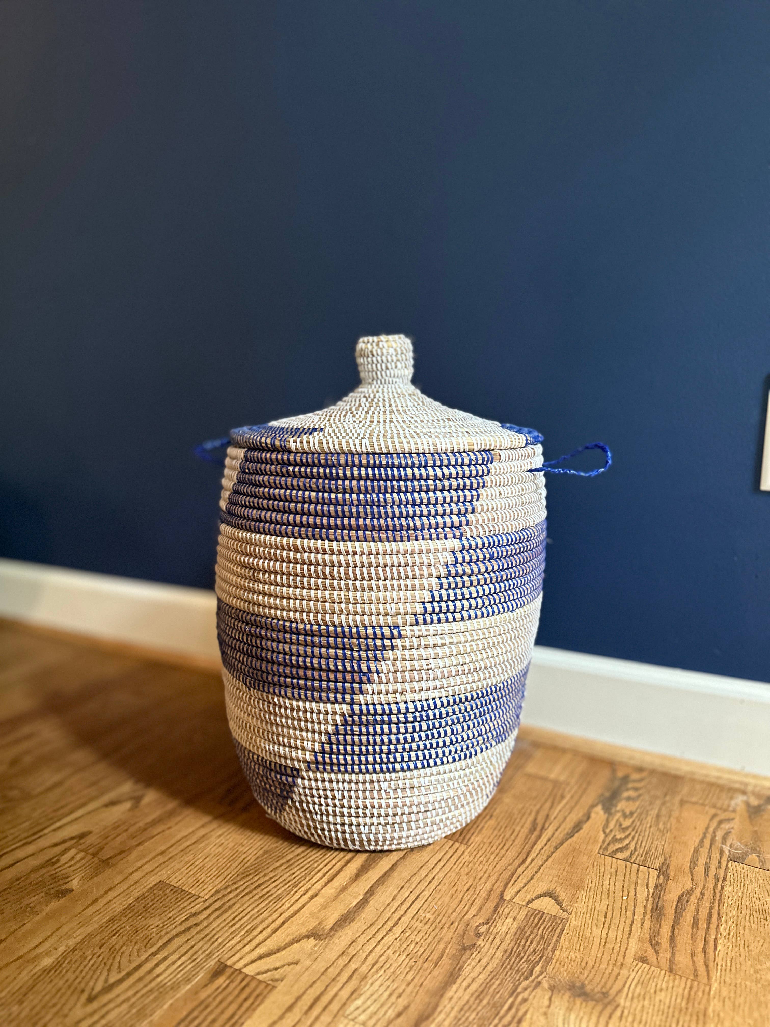 Mbare Home + Gift – wholesale Laundry hamper – Senegalese Hamper - Alternating Blue Stripe1