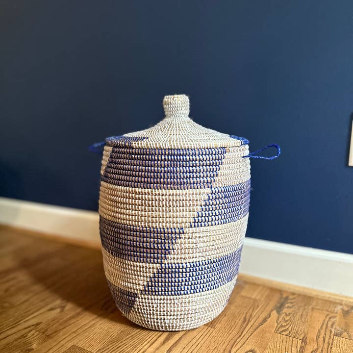 Mbare Home + Gift – wholesale Laundry hamper – Senegalese Hamper - Alternating Blue Stripe1