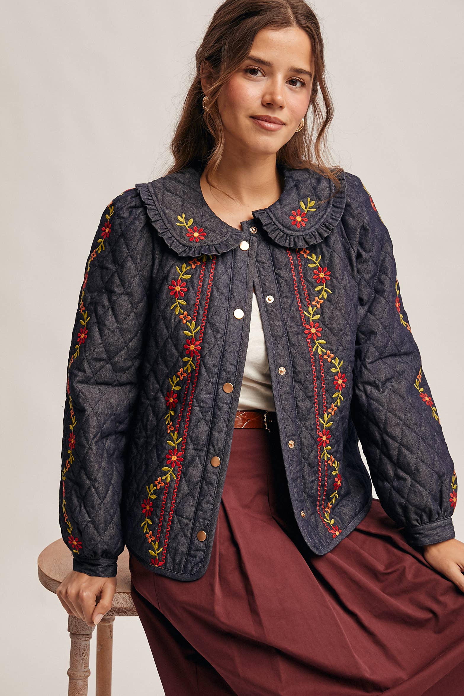 Midnat Indigo Broderet quiltet denimjakke FJ0008 for engroshandel på Faire0