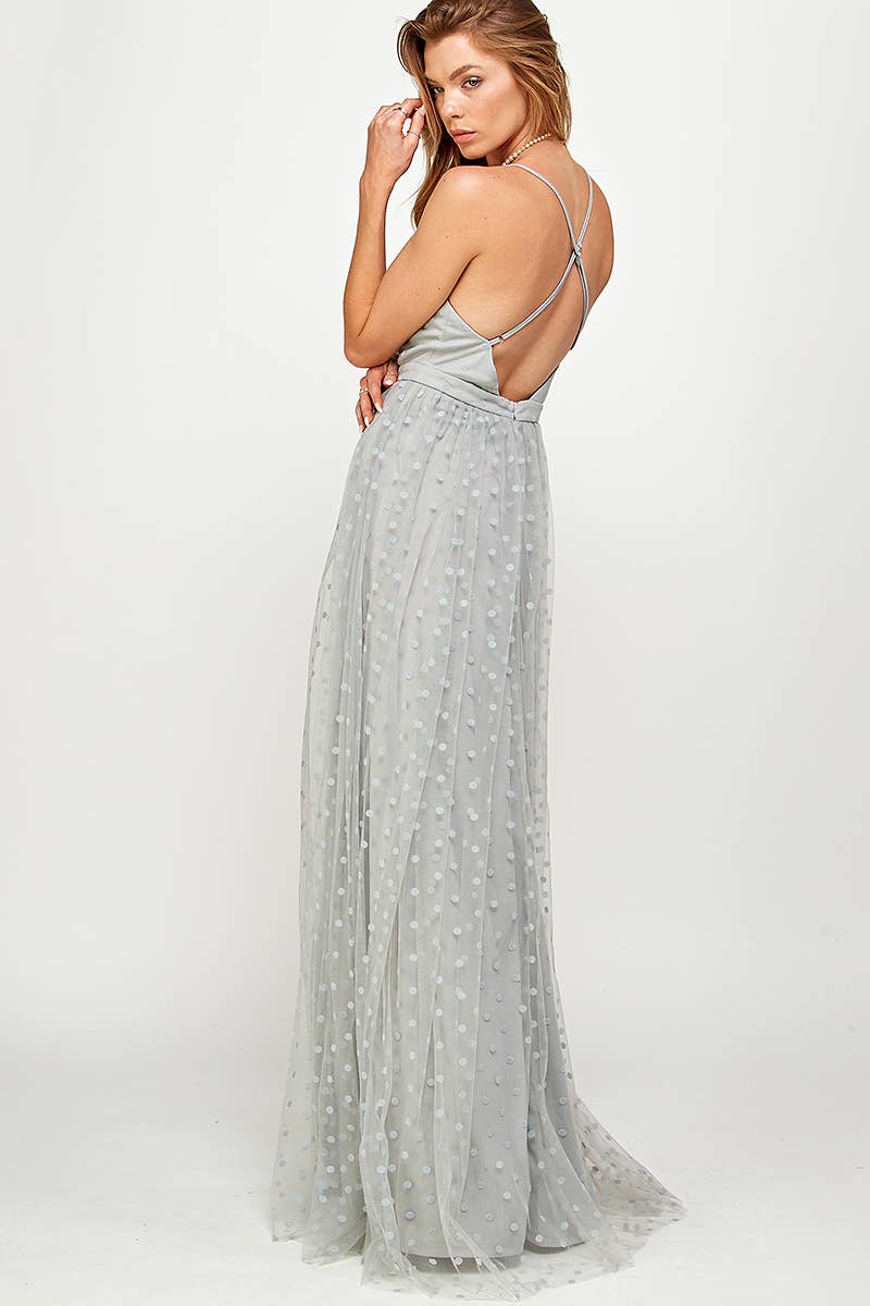 Bleu poussiéreux Robe Maxi en Tulle à Pois Éthérée en vente sur Faire7