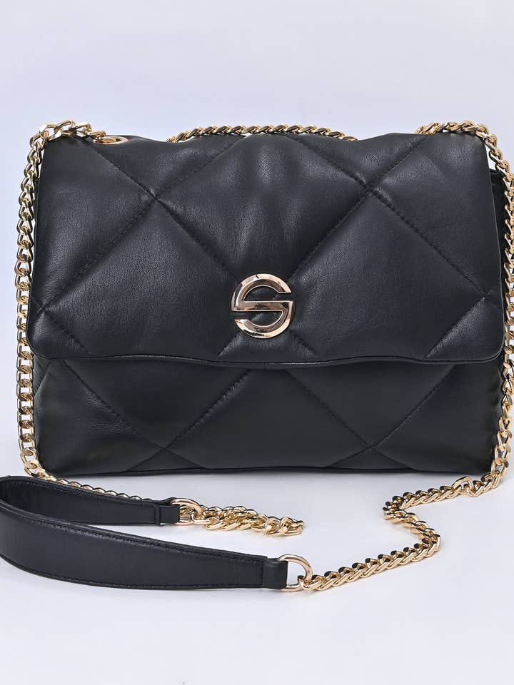 Sac à bandoulière en cuir matelassé noir avec chaîne pour la vente par Ganges Grain Inc