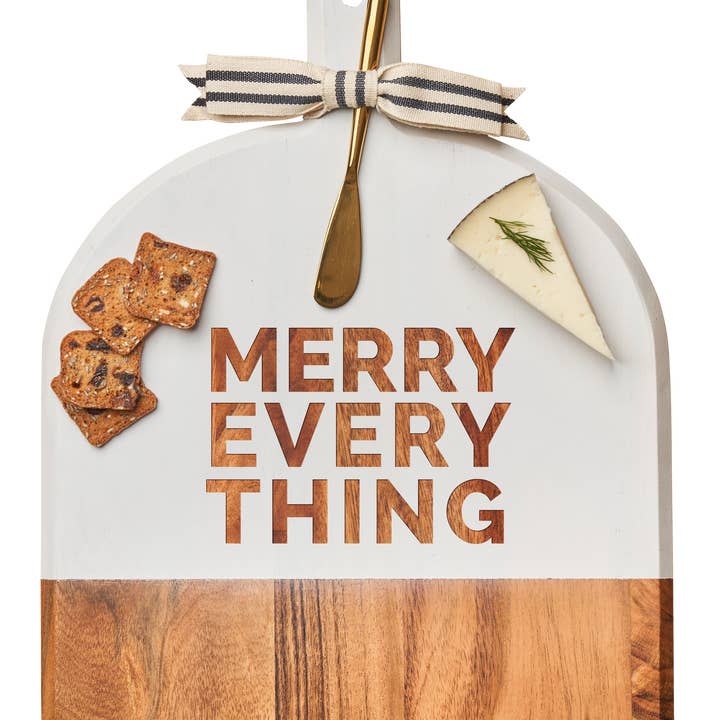Acacia Bevel Board White w/ Ribbon & Gold Spreader Knife | Merry Everything | 15" X 12" X .6" for wholesale by Sophistiplate
