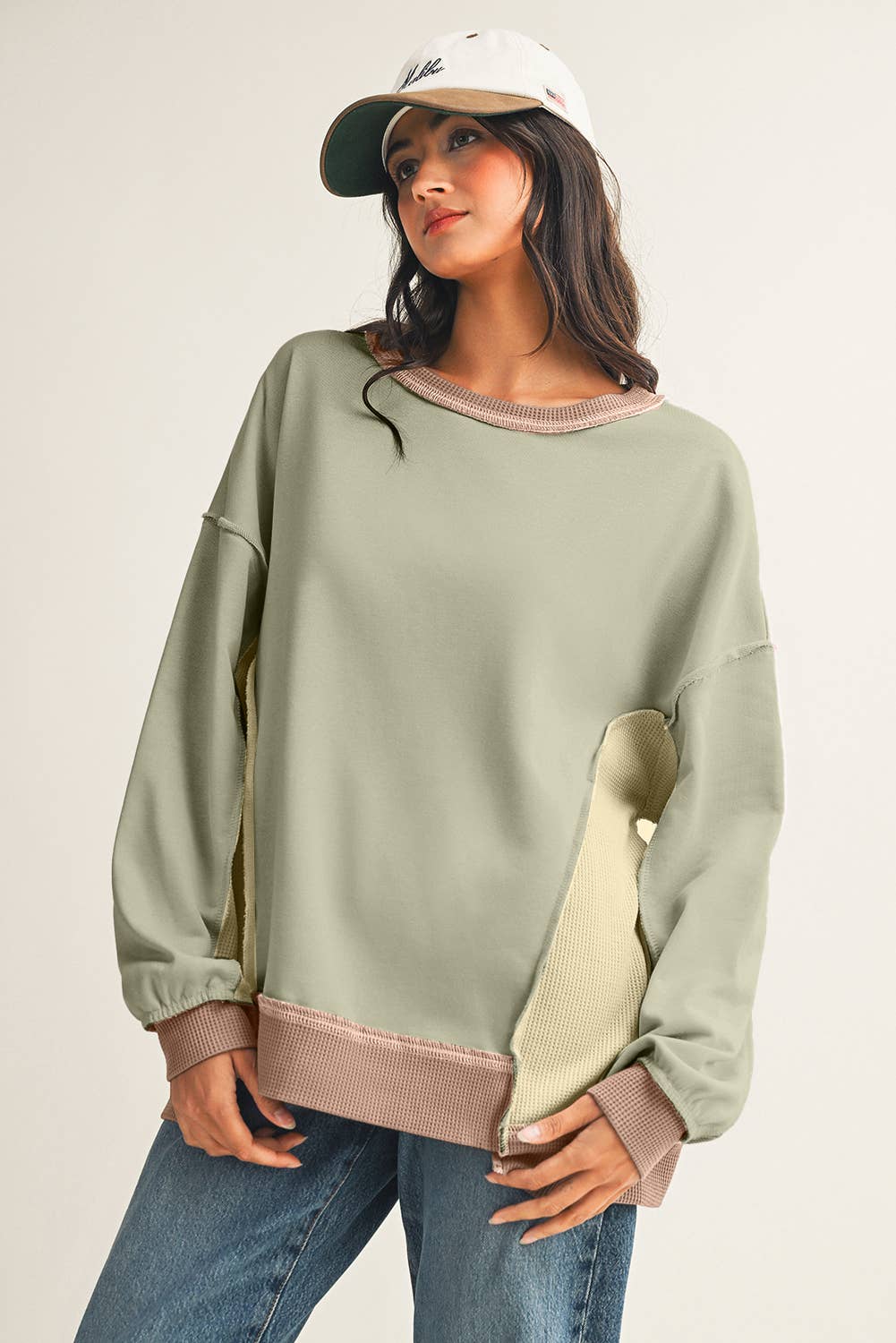 Little Daisy Closet - Wholesale Sweatshirt - Women's - Block Mix Texture Waffle Patchwork Oversize Sweatshirt 4