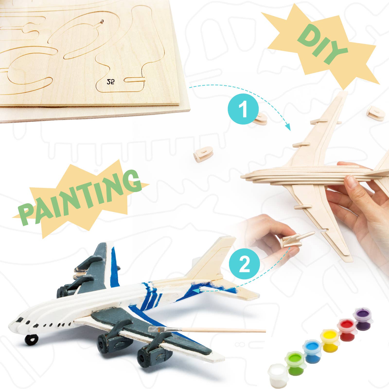 Hands Craft - Wholesale DIY Craft Kit - Kids - 3D Wooden Puzzle with Paint Kit: Civil Airplane1