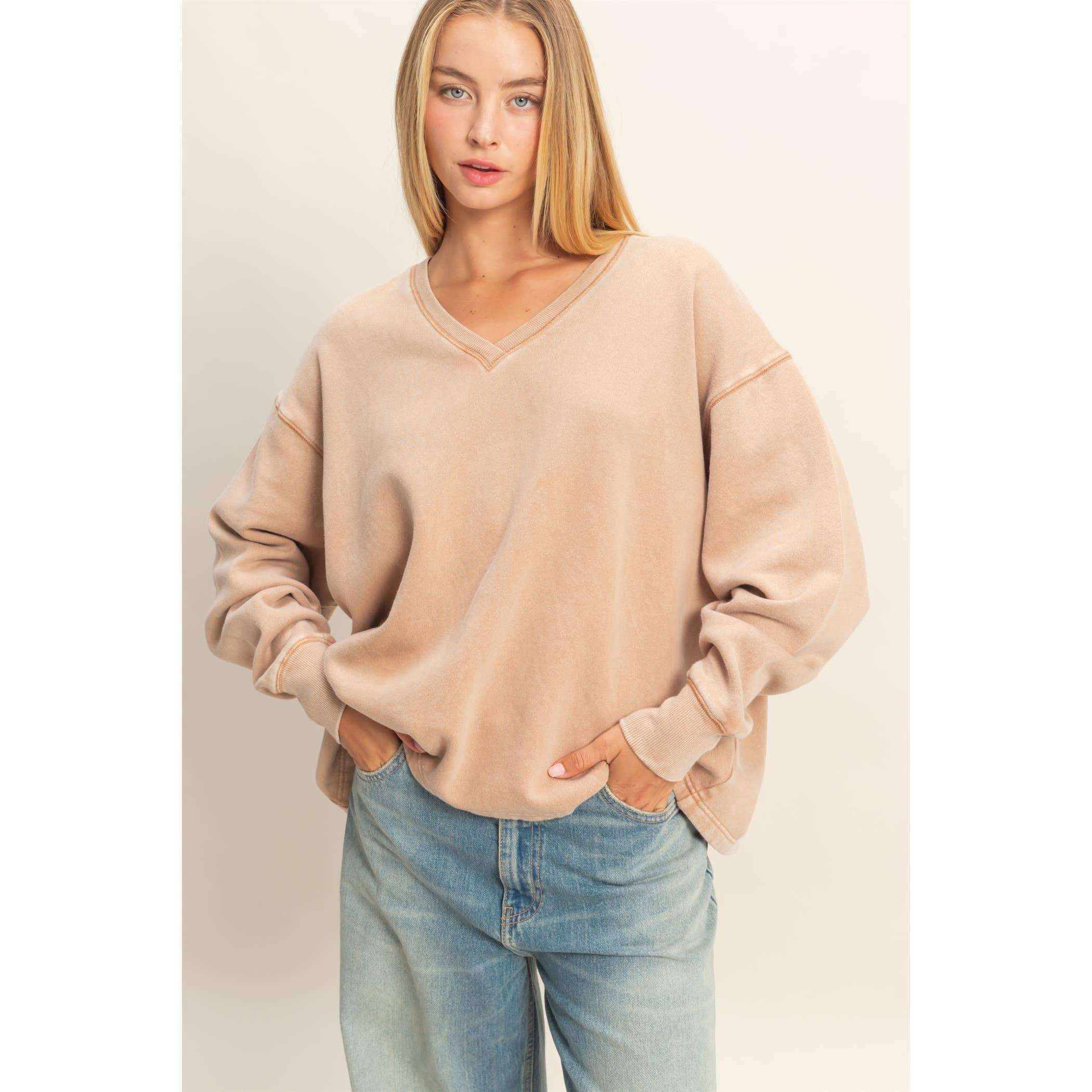 Double Zero - Wholesale Sweatshirt - Women's - Oversized V-Neck Sweatshirt With Raw Edge Detail0