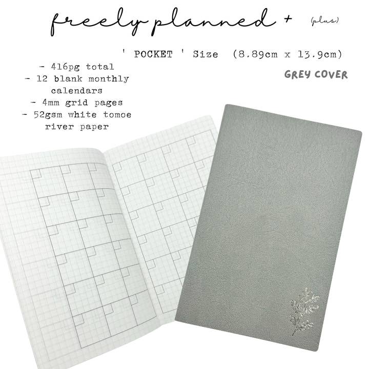 Pocket 'Librement Planifié' (ANCIENNE VERSION) + AVEC Mensuels Non Datés 416pg GRIS - Planificateur Papier Tomoe River 52gsm pour la vente par Plannermonkeyco